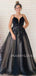 Deep V Neck A-line Spaghetti Straps Black Tulle Long Evening Prom Dresses, Cheap Custom Prom Dresses, MR7557