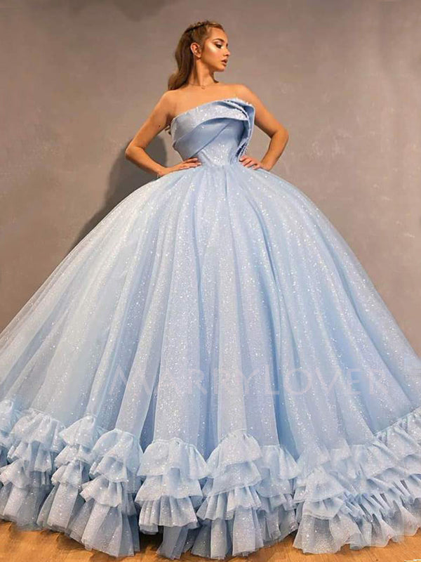 Ball Gown Sky Blue Tulle Beaded Strapless Long Sparkle Evening Prom Dr – MarryLover Ball Gown Sky Blue Tulle Beaded Strapless Long Sparkle Evening Prom Dr – MarryLover