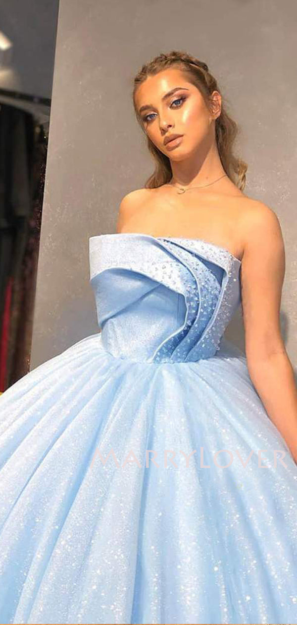 Ball Gown Sky Blue Tulle Beaded Strapless Long Sparkle Evening Prom Dr – MarryLover Ball Gown Sky Blue Tulle Beaded Strapless Long Sparkle Evening Prom Dr – MarryLover