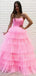 Strapless Pink Tulle Unique Tiered A-line Long Spaghetti Straps Long Evening Prom Dresses, Cheap Custom Prom Dress, MR7566