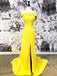 Off Shoulder Yellow Satin Mermaid Long Side Slit Evening Prom Dresses, Cheap Custom Prom Dresses, MR7569