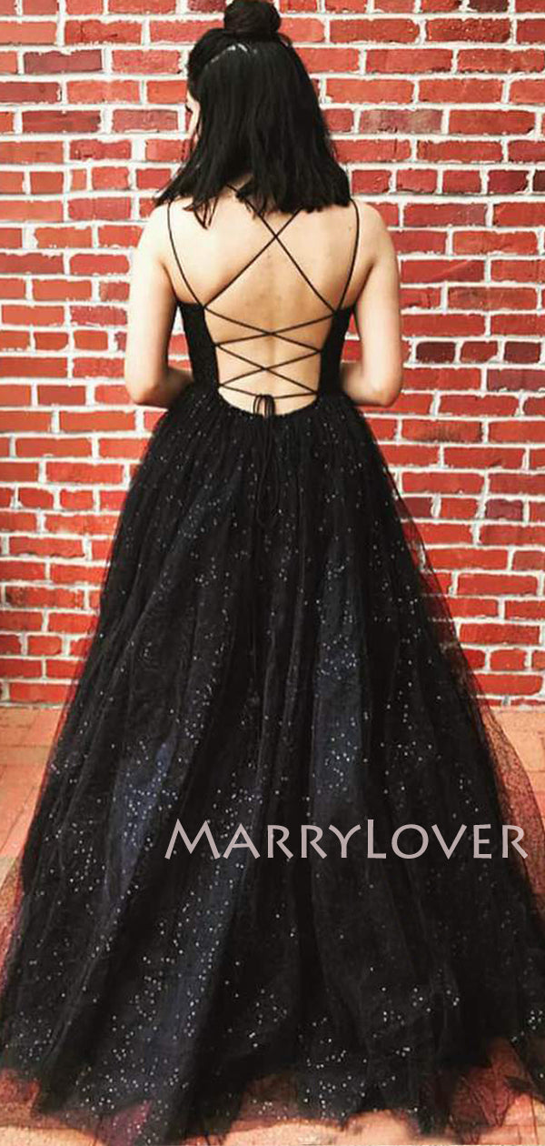 A-line Black Tulle Sparkly Long Evening Prom Dresses, Cheap Custom Pro MarryLover A-line Black Tulle Sparkly Long Evening Prom Dresses, Cheap Custom Pro MarryLover