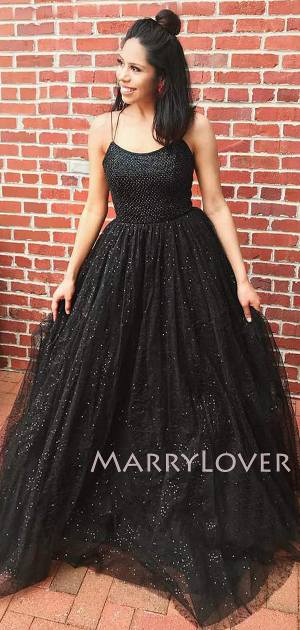 A-line Black Tulle Sparkly Long Evening Prom Dresses, Cheap Custom Pro MarryLover A-line Black Tulle Sparkly Long Evening Prom Dresses, Cheap Custom Pro MarryLover