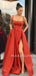 A-Line Red Satin Spaghetti Straps Long Side Slit Evening Prom Dresses, Cheap Custom prom dresses, MR7574