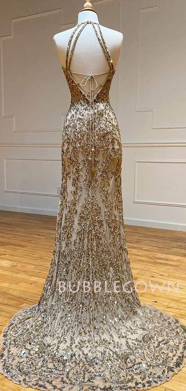 Sheath/Column Gold Beaded Halter Long Evening Prom Dresses, MR7582 Sheath/Column Gold Beaded Halter Long Evening Prom Dresses, MR7582