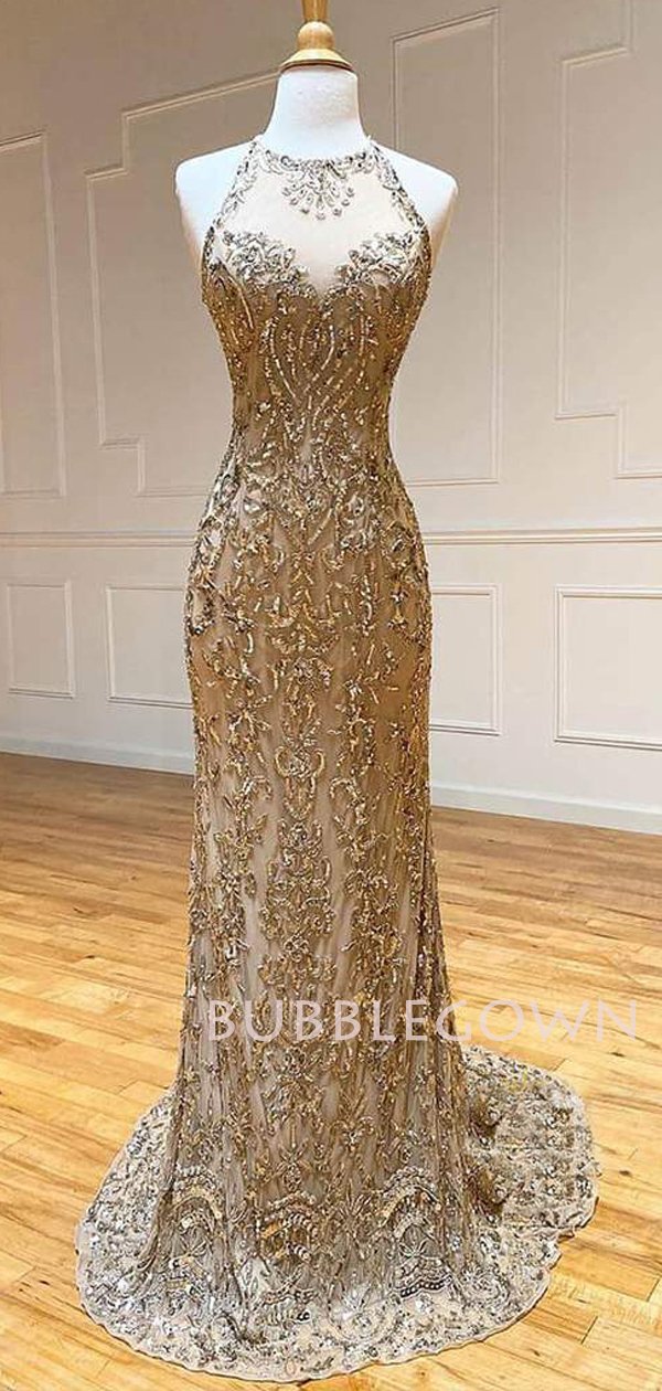 Sheath/Column Gold Beaded Halter Long Evening Prom Dresses, MR7582 MarryLover Sheath/Column Gold Beaded Halter Long Evening Prom Dresses, MR7582 MarryLover
