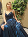 Navy Blue Satin V Neck Beaded A-line Long Backless Evening Prom Dresses, Cheap Custom prom dresses, MR7583