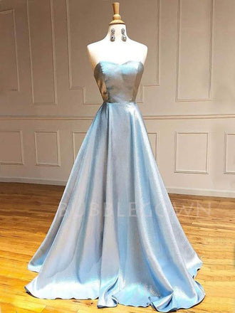 Sweetheart Sky Blue Satin A-line Simple Sparkly Long Evening Prom Dresses, Cheap Custom Prom Dress, MR7584