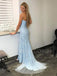 Sky Blue Tulle Appliques Strapless Mermaid Lace Long Evening Prom Dresses, MR7589