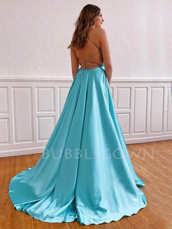 aqua satin prom dress V Neck Aqua Blue Stretch Satin Mermaid Prom Dresses