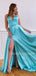 Aqua Satin V Neck Spaghetti Straps A-line Simple Backless Long Evening Prom Dresses, MR7591