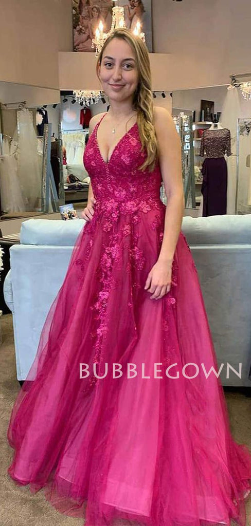 V Neck Hot Pink Tulle Appliques A-line Long Evening Prom Dresses, Cheap Custom Prom Dresses, MR7593