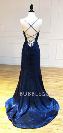 Navy Blue Satin V Neck Spaghetti Straps Long Evening Prom Dresses, Cheap Custom Prom Dresses, MR7596