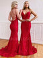 Red Lace Beaded Spaghetti Straps Mermaid Long Evening Prom Dresses, Cheap Custom Prom Dresses, MR7597