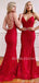 Red Lace Beaded Spaghetti Straps Mermaid Long Evening Prom Dresses, Cheap Custom Prom Dresses, MR7597