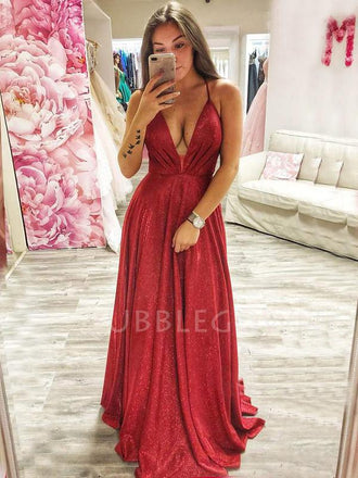Deep V Ncek Sparkle A-Line Red Long Evening Prom Dresses, MR7598