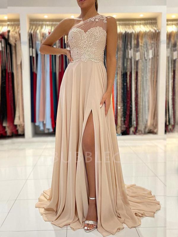 One Shoulder Chiffon Appliques Lace Long Evening Prom Dresses, Cheap Custom Prom Dresses, MR7605