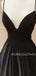 Black Velvet A-line V-neck Spaghetti Straps Long Evening Prom Dresses, Cheap Custom Prom Dresses, MR7606