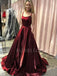 A-line Burgundy Satin Spaghetti Straps Backless Long Evening Prom Dresses, Cheap Custom prom dresses, MR7612