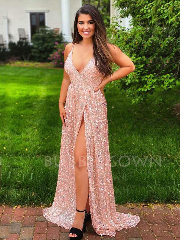 Pink Sequin Spaghetti Straps V Neck High Slit Long Evening Prom Dresse MarryLover Pink Sequin Spaghetti Straps V Neck High Slit Long Evening Prom Dresse MarryLover