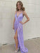 Pink Sequin Spaghetti Straps V Neck High Slit Long Evening Prom Dresses, Cheap Custom Prom Dresses, MR7622