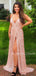Pink Sequin Spaghetti Straps V Neck High Slit Long Evening Prom Dresses, Cheap Custom Prom Dresses, MR7622