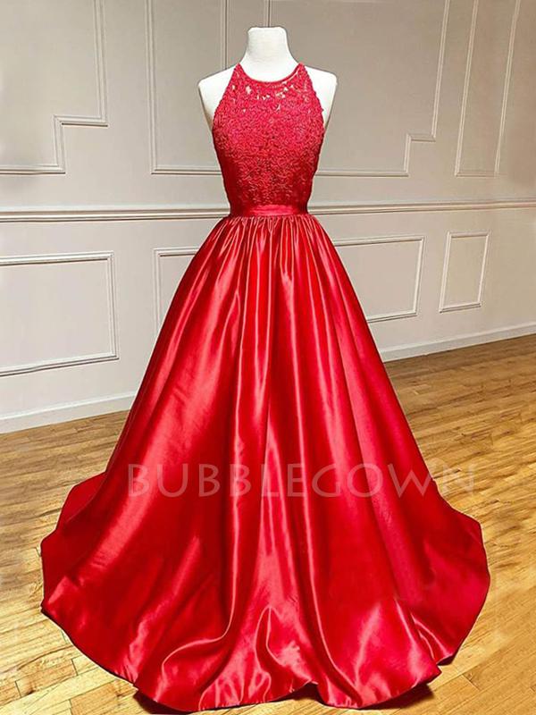 A-line Appliques Red Satin Lace Long Evening Prom Dresses, Cheap Custom Prom Dresses, MR7625