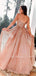 Deep V-neck A-line Spaghetti Straps Sparkle Long Evening Prom Dresses, Cheap Custom Dresses,MR7626