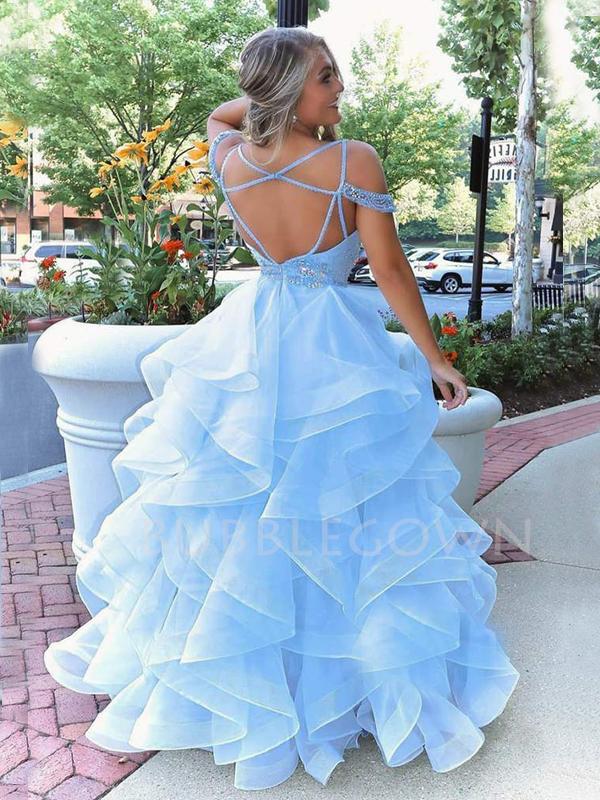 Ball Gown Sky Blue Organza Long Evening Prom Dresses, Cheap Sweet Prom dresses, MR7627