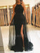 Black Lace Mermaid Side Slit Long Evening Prom Dreses, Cheap Custom Prom Dresses, MR6030