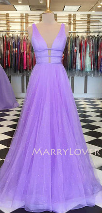 A-line Lavender Tulle Attractive V-neck Sparkle Long Evening Prom Dresses, Cheap Custom Dresses,MR7631