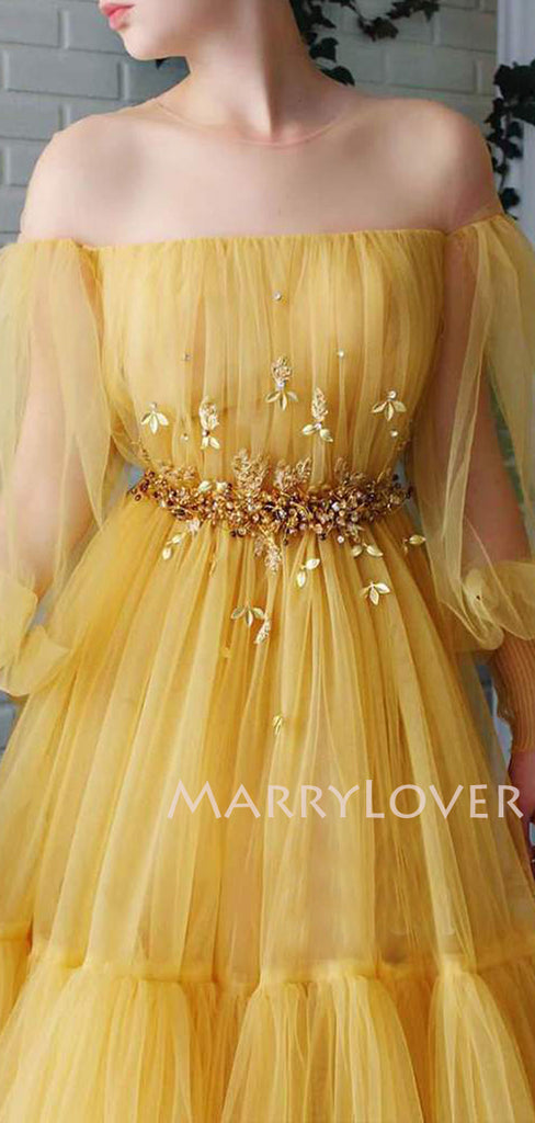 Off Shoulder Long Sleeves Yellow Tulle Long Evening Prom Dresses, Cheap Custom Prom Dress, MR7633