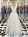 A-line Attractive V-neck Yellow Tulle Appliques Sparkle Long Evening Prom Dresses, Cheap Custom Prom Dress, MR7634