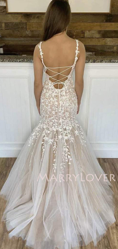 Lilac Tull Appliques Mermaid Spaghetti Straps Lace Long Evening Prom Dresses, MR7635