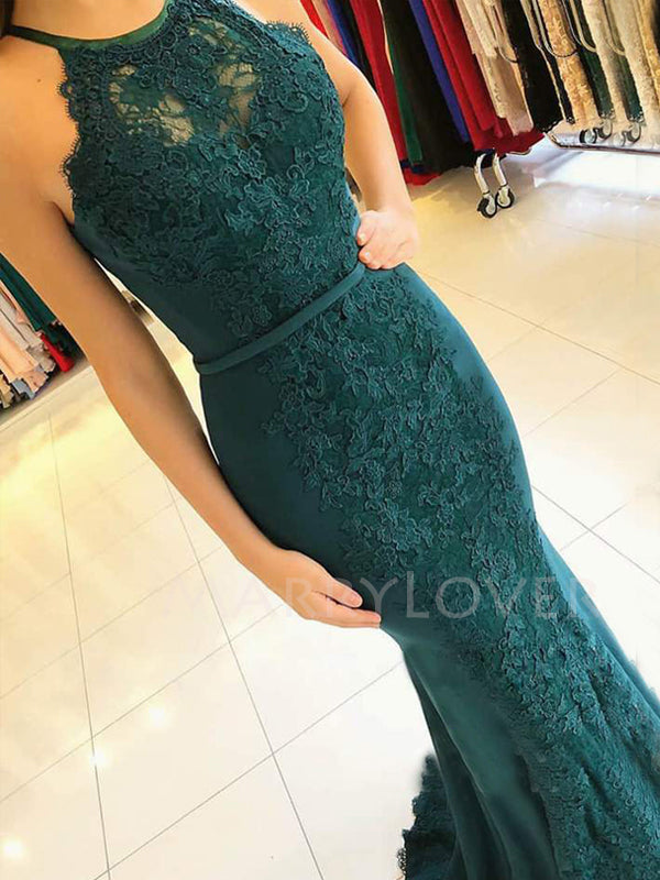 Green Lace Mermaid Appliques Long Evening Prom Dresses, MR7636