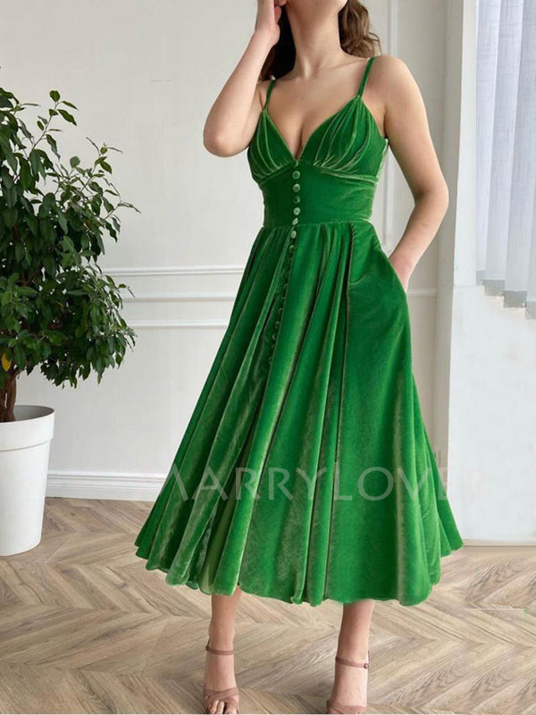 Women's Spaghetti Straps Green Velvet Vintage Long Evening Prom Dresses, Cheap Custom Prom Dresses, MR7640