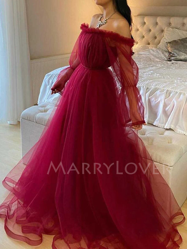 Off Shoulder Long Sleeves Burgundy Tulle Long Evening Prom Dresses, Ch MarryLover Off Shoulder Long Sleeves Burgundy Tulle Long Evening Prom Dresses, Ch MarryLover