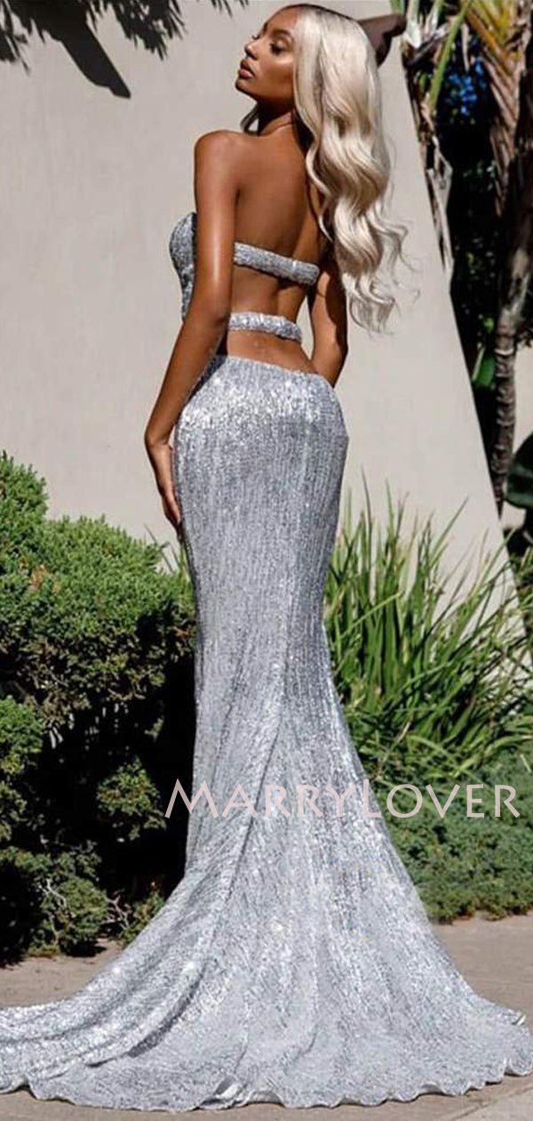silver two piece prom dress Two Piece Grey Off the Shoulder Sequin Pattern Bodice Prom Dress with Ruffled Skirt pd1527