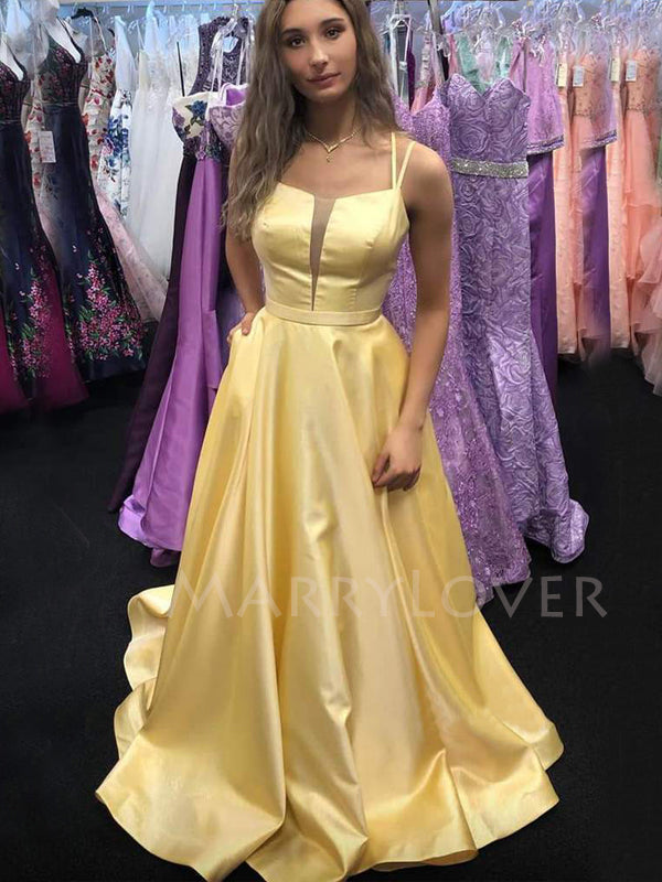 A-line Yellow Satin Spaghetti Straps V Neck Long Evening Prom Dresses, Cheap Custom prom dresses, MR7648