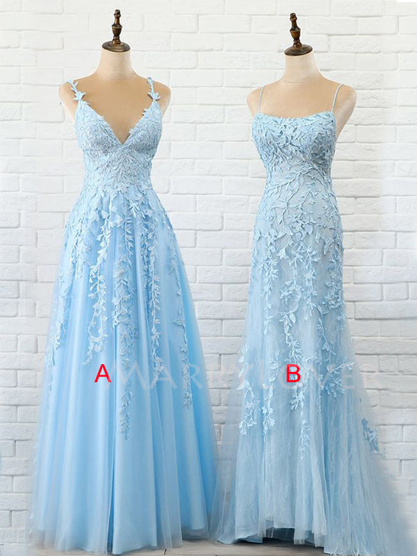 Blue Tulle Applique Lace Long Evening Prom Dresses, Cheap Prom Dress, MR7649