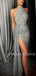 Halter Sliver Sequin Mermaid Side Slit Long Evening Prom Dresses, Cheap Custom Prom Dresses, MR7650