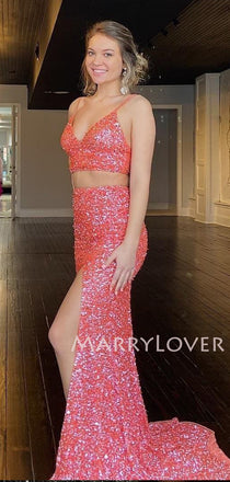 Two Pieces Watermelon Sequin Spaghetti Straps Long Mermaid Evening Prom Dresses, Cheap Custom Prom Dresses, MR7651