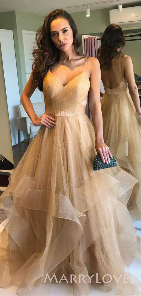 A-line Champagne Tulle Spaghetti Straps Long Backless Evening Prom Dresses, Cheap Custom Prom Dress, MR7659