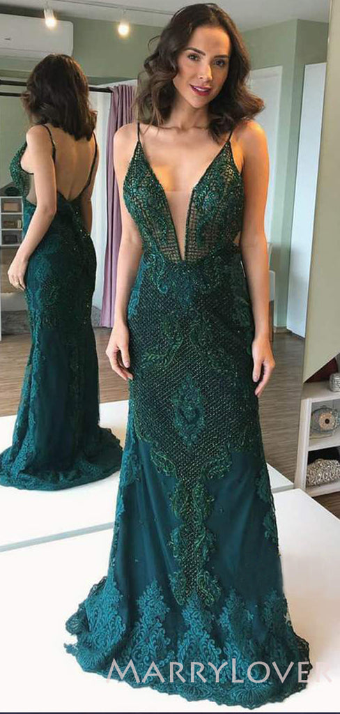Sheath/Column Green Lace V-neck Beaded Long Evening Prom Dresses, Cheap Custom Prom Dresses, MR7663