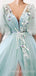 A-Line Sky Blue Tulle Appliques Side Slit Long Evening Prom Dresses, Cheap Custom Prom Dress, MR7667