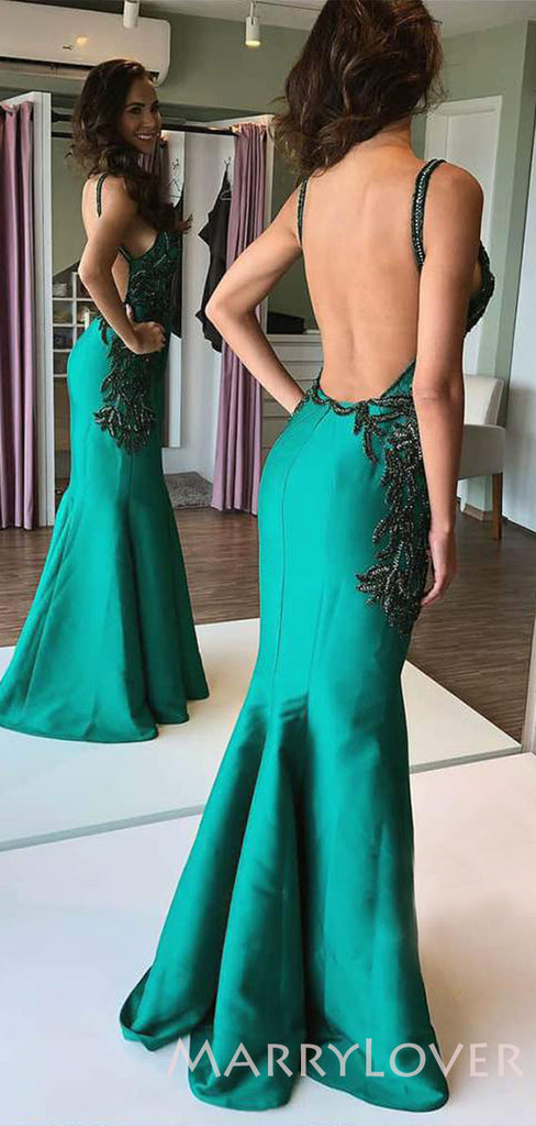Mermaid Green Satin Beaded V Neck Appliques Long Backless Evening Prom Dresses, Cheap Custom prom dresses, MR7669