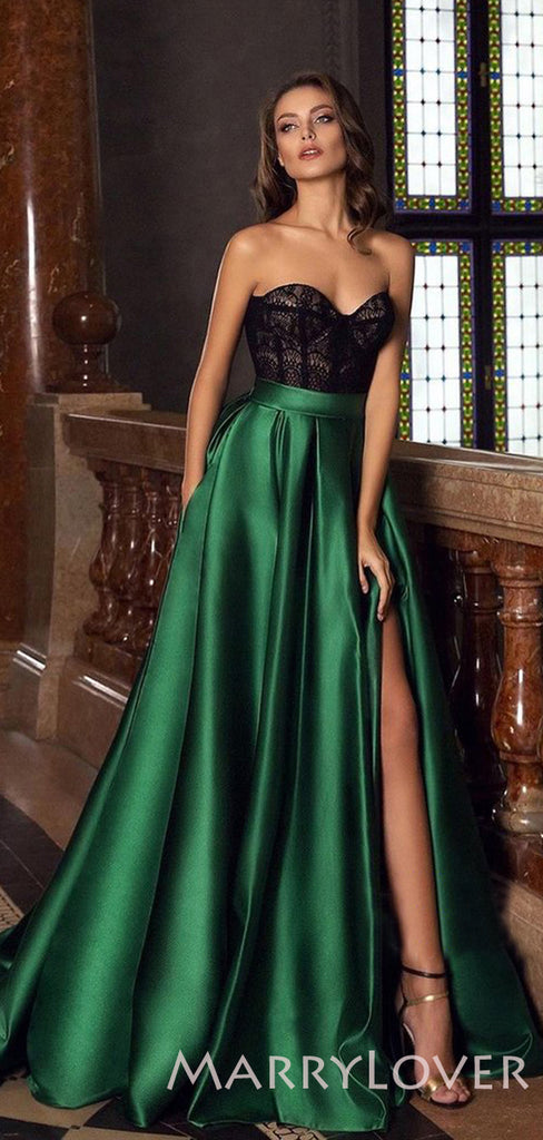 A-line Green Satin Lace Strapless Long Evening Prom Dresses, Cheap Custom Prom Dresses, MR7673