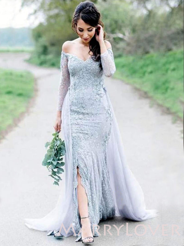 Off Shoulder Grey Lace Long Sleeves Mermaid Long Evening Prom Dresses, MR7675
