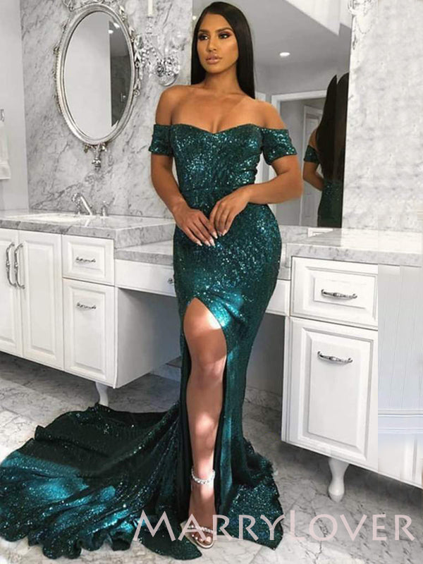 Off Shoulder Green Sequin Mermaid Long Evening Prom Dresses, Cheap Custom Prom Dresses, MR7681