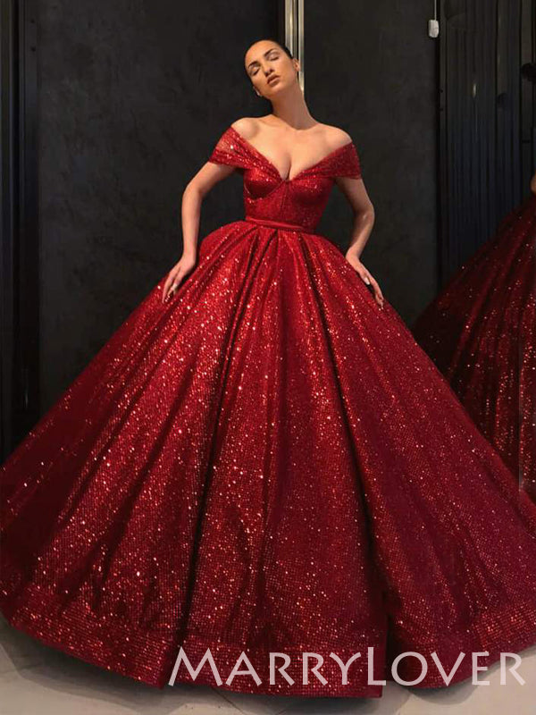 Off Shoulder Ball Gown Burgundy Sequin Sparkly Long Evening Prom Dresses, Cheap Custom Prom Dresses, MR7682